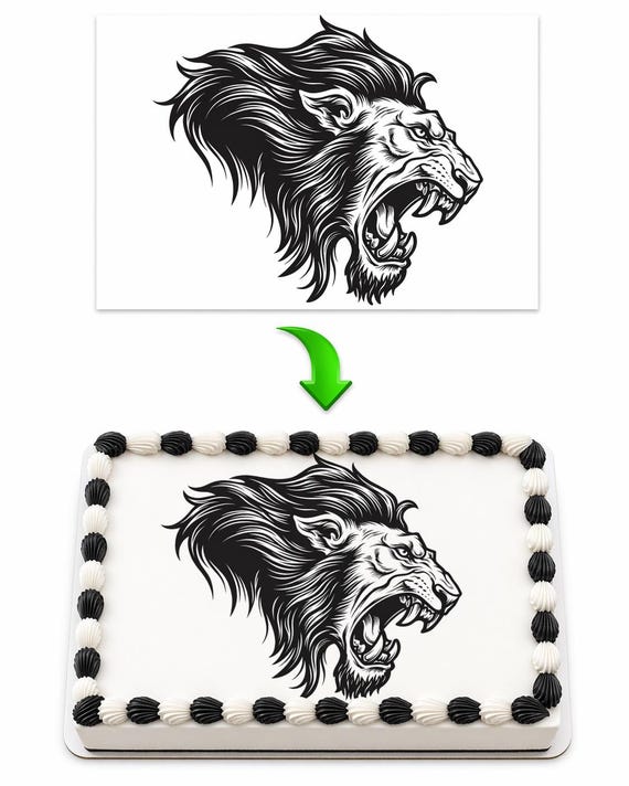 Lion Mascot Edible Cake Topper, School Spirit Frosting Sheet Image, Black White Lion Head ~ D940