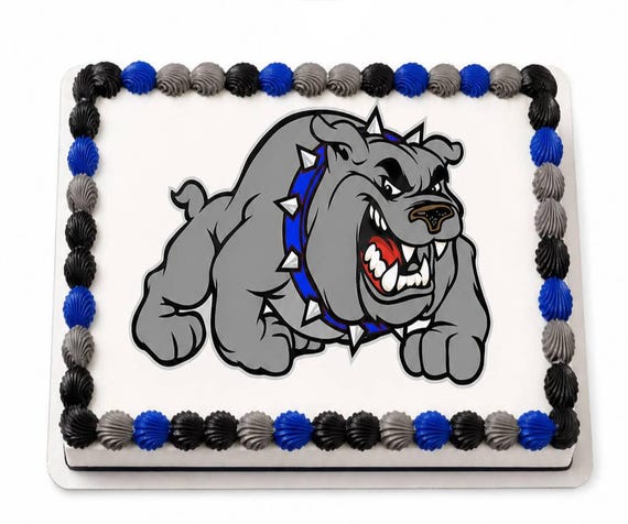 Gray Bulldog Mascot Spiked Collar Edible Cake Topper, School Team Frosting Sheet Image, Dawgs Blue ~ D24155