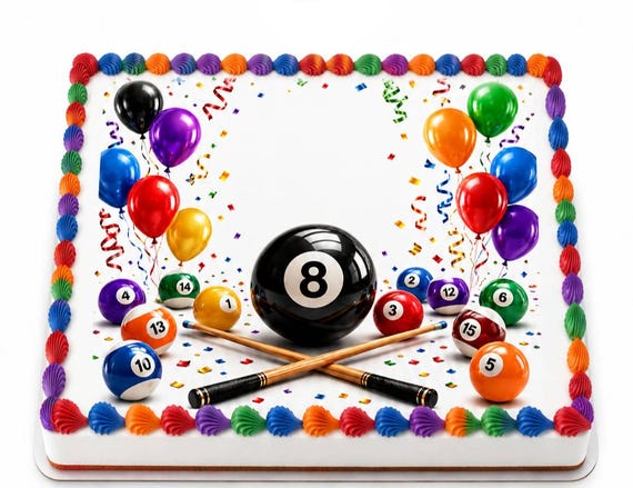 Pool Party Eight Ball Edible Cake Topper, Billiards Birthday Frosting Sheet Image ~ D30155