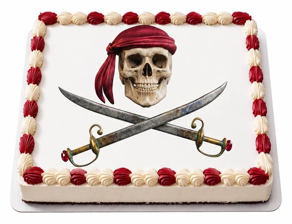 Pirate Skull Crossed Swords Edible Cake Topper, Jolly Roger Bandana Frosting Sheet Image, Buccaneer Treasure Party ~ D5842