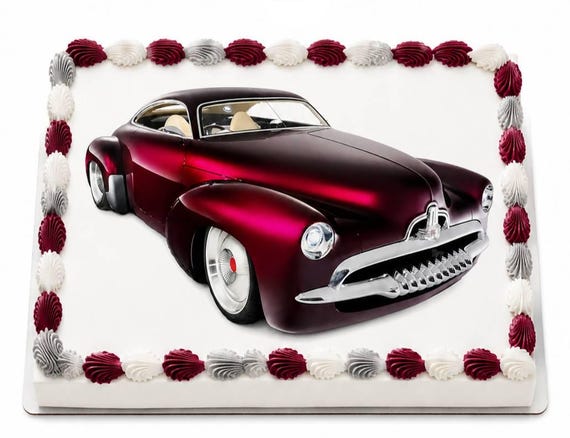 Burgundy Classic Hot Rod Edible Cake Topper, Custom Vintage Car Chrome Frosting Sheet Image, Retro Auto Show ~ D9189