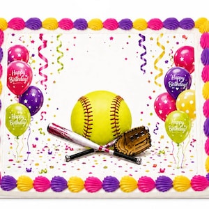 May include: A rectangular sheet cake with a white frosting border featuring alternating pink and purple shell-shaped icing. The center displays a softball, a baseball bat, and a glove, surrounded by colorful balloons with Happy Birthday text.