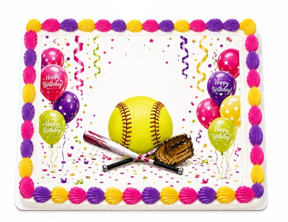 Softball Birthday Edible Cake Topper, Ball Bat Glove Frosting Sheet Image ~ D30149