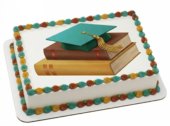 Graduation Cap Books Edible Cake Topper Teal Gold Diploma Grad Cake Image Decor D22491