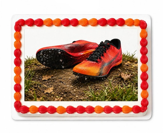Red Orange Track Spikes Edible Cake Topper, Running Shoes Frosting Sheet Image ~ D30194
