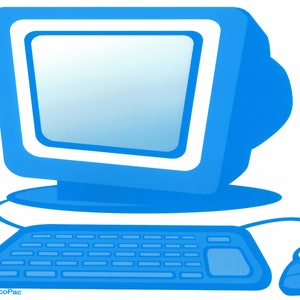 May include: A blue computer illustration with a monitor, keyboard, and mouse. The monitor has a white border and a light blue screen. The keyboard has a rectangular shape with a trackpad. The mouse is connected to the computer.
