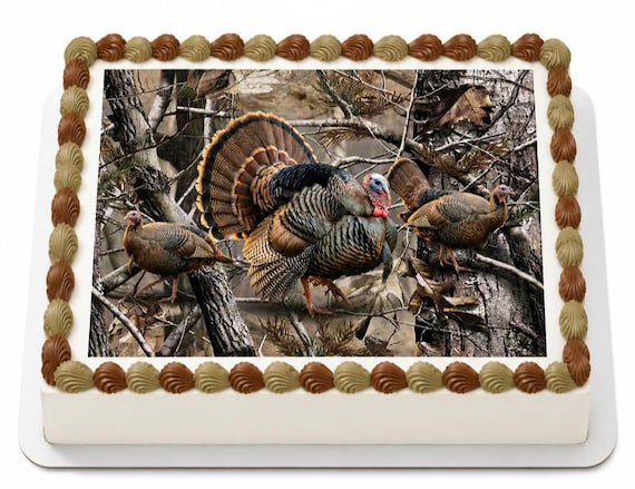 Wild Turkey Hunting Edible Cake Topper, Woodland Camo Frosting Sheet Image, Outdoorsman Birthday ~ D10096