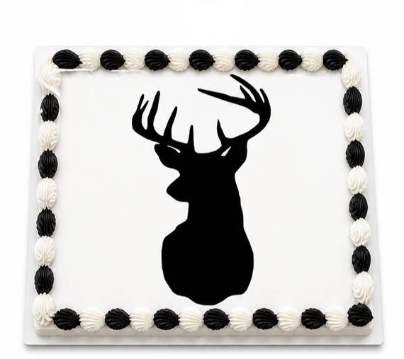 Black Deer Head Silhouette Edible Cake Topper, Buck Antler Hunting Frosting Sheet Image, Rustic Woodland Wildlife ~ D20658