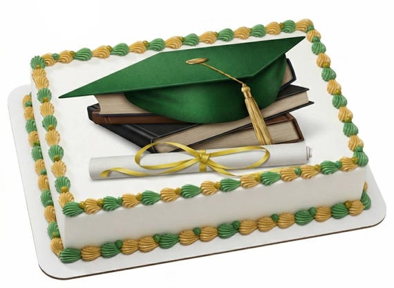 Graduation Cap Books Edible Cake Topper Green Gold Diploma Grad Cake Image Decor D20688