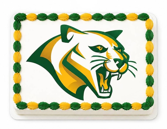 Green Gold Cougar Mascot Edible Cake Topper, Panther Wildcat School Team Frosting Sheet Image, Fierce Cat Spirit ~ D24721