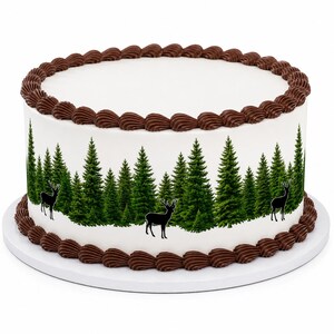 Pine Forest Deer Edible Cake Side Strip, Woodland Birthday Frosting Sheet Decoration ~ D24665