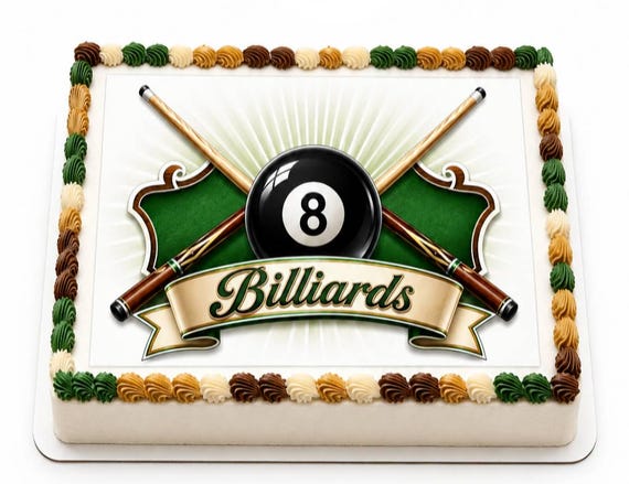 Billiards Eight Ball Edible Cake Topper, Pool Cue Birthday Frosting Sheet Image ~ D30157