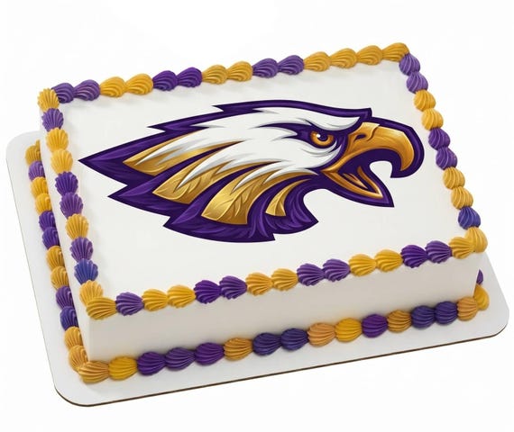 Purple Gold Eagle Mascot Edible Cake Topper, Sports Team Birthday Frosting Sheet Decoration ~ D840