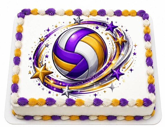 Purple Gold Volleyball Stars Edible Cake Topper, Swirl Sparkle Sports Frosting Sheet Image, All Star Team Party ~ D30116