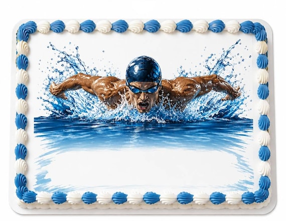 Butterfly Swimmer Edible Cake Topper, Swim Team Birthday Frosting Sheet Image, Blue Water Splash ~ D30203