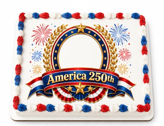 America 250th Emblem Edible Cake Topper, Patriotic Fireworks Frosting Sheet Image ~ D30176