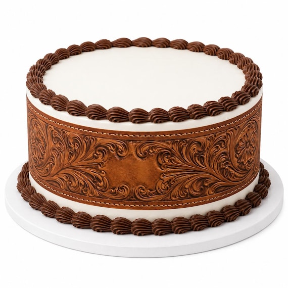 Tooled Leather Edible Cake Side Strip, Western Birthday Frosting Sheet Decoration, Rustic Wrap Border ~ D30110