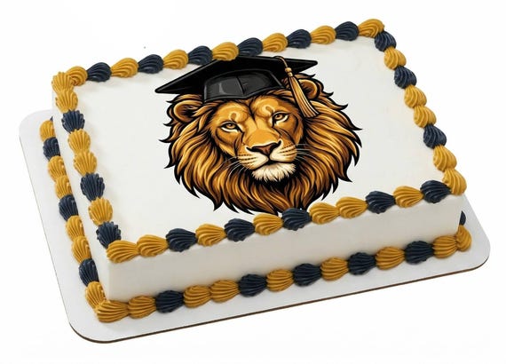 Lion Graduation Cap Mascot Edible Cake Topper, Gold Navy School Spirit Frosting Sheet Image, Grad Party Decor ~ D30015