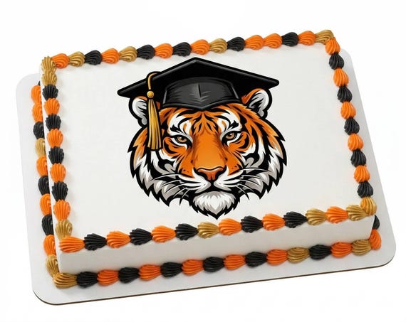 Tiger Graduation Cap Mascot Edible Cake Topper, Orange Black School Spirit Frosting Sheet Image, Grad Party Decor ~ D30009