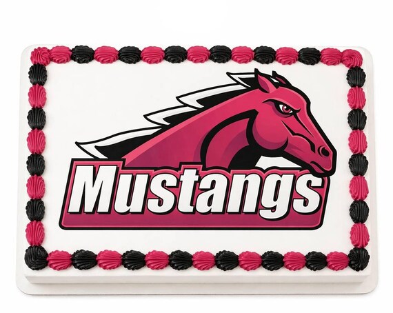 Mustangs Mascot Edible Cake Topper, School Spirit Frosting Sheet Image, Pink Black Mustangs Logo ~ D946