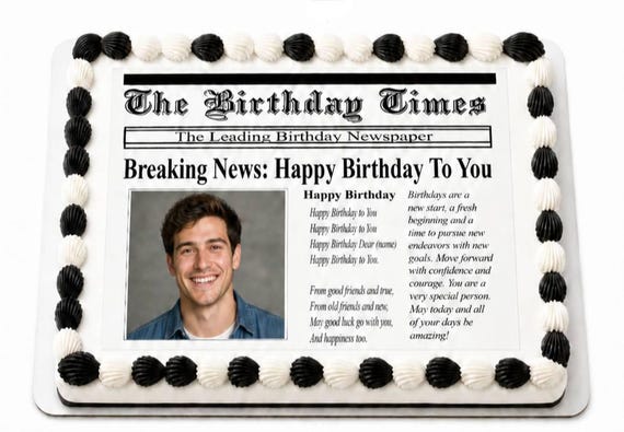 Birthday Times Newspaper Edible Cake Topper, Breaking News Happy Frosting Sheet Image, Custom Photo Headline ~ D24477
