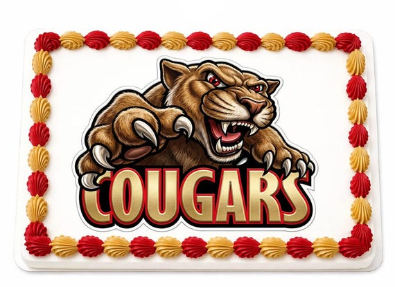 Cougars Mascot Edible Cake Topper, School Spirit Frosting Sheet Image, Red Gold Cougars Sports ~ D927