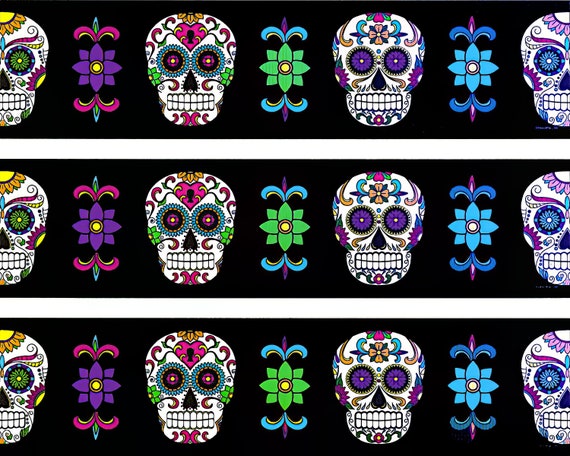 Dia De Los Muertos Skull Birthday Side Strips ~ Edible 2D Fondant Birthday Cake Side Toppers ~ D20022