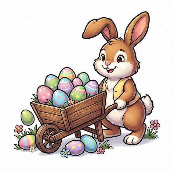 Easter Bunny Wheelbarrow Eggs Edible Cake Topper Cupcake Image Frosting Sheet Decor Personalized (9 Size Options) D30029