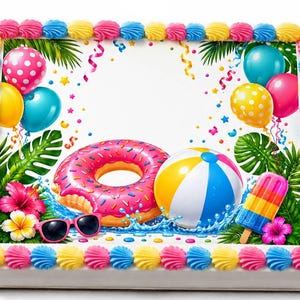 Tropical Pool Party Edible Cake Topper, Summer Birthday Frosting Sheet Image, Donut Float Balloons ~ D30198