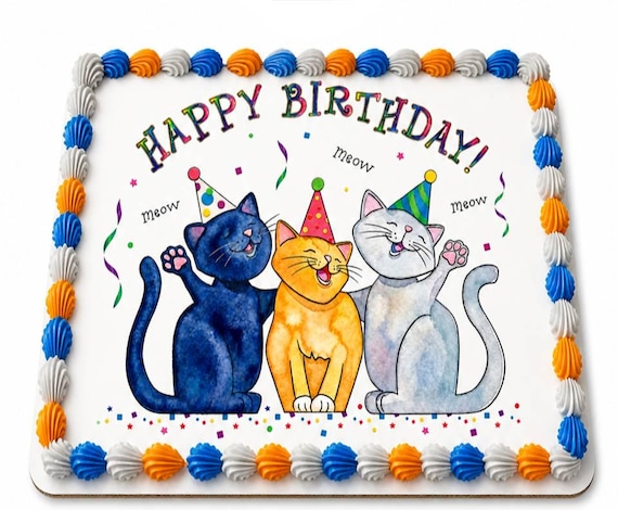 Party Cats Happy Birthday Edible Cake Topper, Kitten Meow Confetti Frosting Sheet Image, Watercolor ~ D880