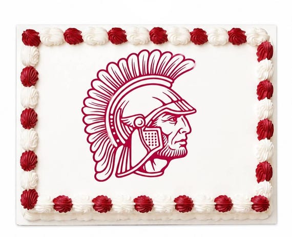 Red Trojan Warrior Head Edible Cake Topper, Spartan Mascot School Frosting Sheet Image, Crimson Team ~ D20176