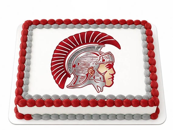 Trojan Mascot Edible Cake Topper, School Spirit Frosting Sheet Image, Red Silver Trojan Head ~ D964