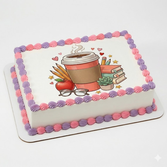 Teacher Coffee Books Edible Cake Topper, School Appreciation Frosting Sheet D30042