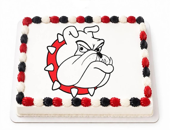 White Bulldog Red Spiked Collar Edible Cake Topper, Mascot School Team Frosting Sheet Image, Fierce Dawg Spirit ~ D24632