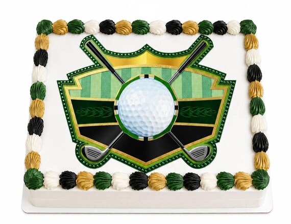 Golf Crest Crossed Clubs Edible Cake Topper, Green Gold Shield Ball Frosting Sheet Image, Country Club Party ~ D644