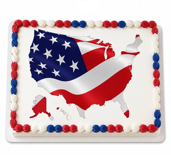 USA Flag Map America Edible Cake Topper, Patriotic Fourth July Frosting Sheet Image, Red White Blue ~ D22936