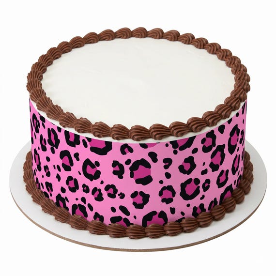 Pink Leopard Print Edible Cake Side Strip, Pink Black Animal Print Frosting Sheet Decoration ~ D20089