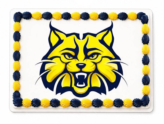 Navy Yellow Wildcat Bobcat Mascot Edible Cake Topper, School Team Frosting Sheet Image, Fierce Cat ~ D22735