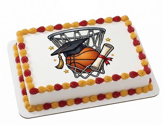 Basketball Graduation Cap Diploma Edible Cake Topper, Sports Grad Celebration Frosting Sheet Decoration ~ D30053