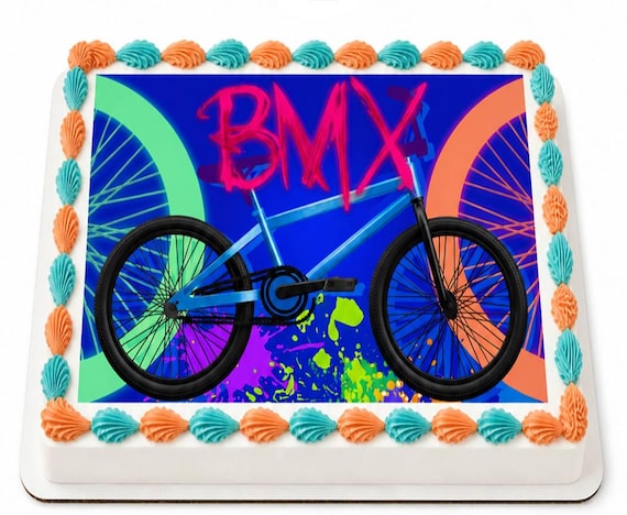 BMX Bike Edible Cake Topper, Neon Bicycle Birthday Frosting Sheet Image, Graffiti Sports Party ~ D3079