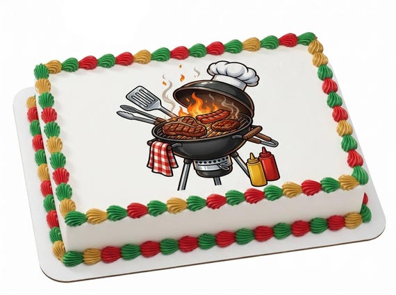 BBQ Grill Father’s Day Edible Cake Topper, Dad Barbecue Celebration Frosting Sheet Decoration ~ D30062