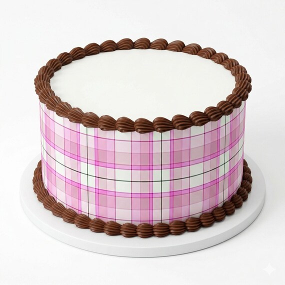 Pink Plaid Edible Cake Side Strips, Preppy Frosting Sheet Wrap Decoration D24532
