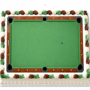 May include: A rectangular sheet cake decorated to resemble a pool table with a green felt surface, brown wooden rails, and black corner pockets. The border features a decorative piping of white, green, and brown frosting swirls.
