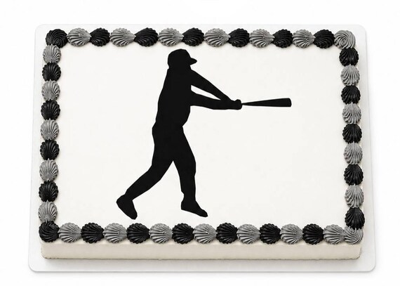 Black Baseball Batter Silhouette Edible Cake Topper, Sports Birthday Frosting Sheet Image ~ D21988