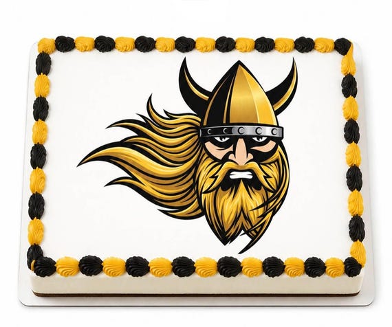 Gold Black Viking Head Mascot Edible Cake Topper, Norse Warrior School Frosting Sheet Image, Horns ~ D20517