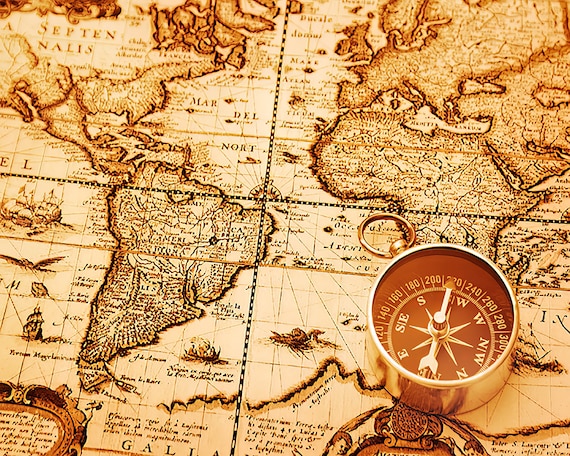 Old World Map & Compass ~ Edible 2D Fondant Birthday Cake/Cupcake Topper ~ D20523