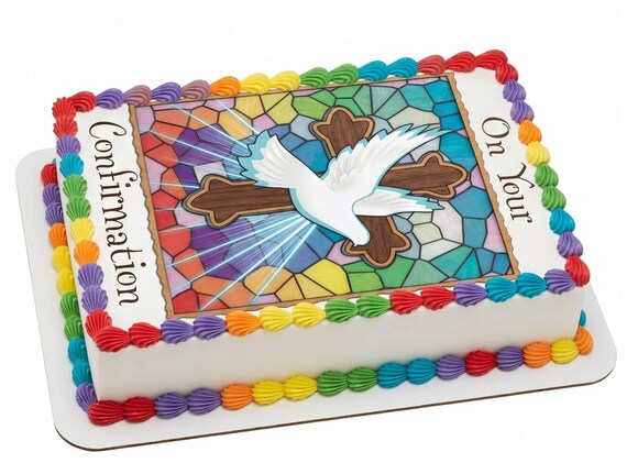 Confirmation Edible Cake Topper, Dove Cross Stained Glass Frosting Sheet Decoration ~ D1520