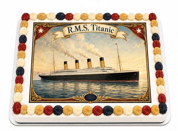 RMS Titanic Gold Frame Edible Cake Topper, Vintage Ocean Liner Frosting Sheet Image, White Star Banner Painting ~ D30100