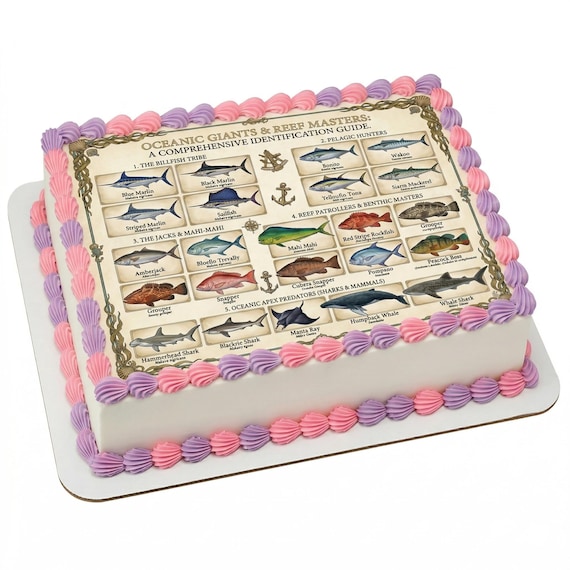 Saltwater Fish Identification Chart Edible Cake Topper, Ocean Fishing Party Frosting Sheet Decoration ~ D30030