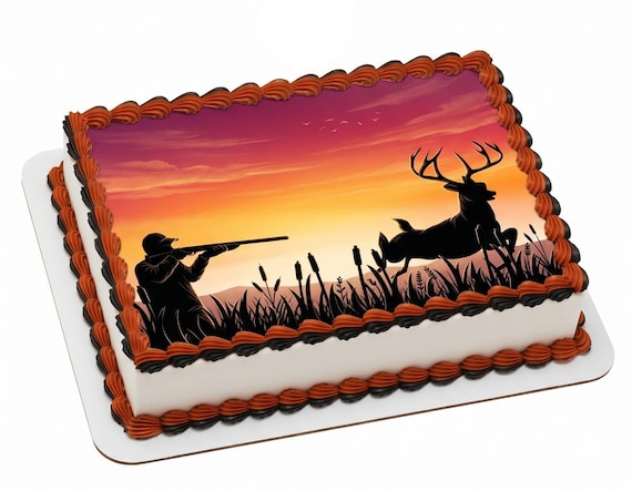 Deer Hunting Sunset Edible Cake Topper, Hunter Buck Frosting Sheet Image, Outdoorsman Wildlife ~ D22510